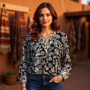 JOHNNY WAS Noah Henley Top Black Ivory Bird Floral Boho Long Sleeve Tee Sz: XL